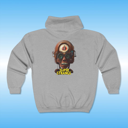 Gray hoodie with a skull design and 'Super Strange' text on a blue background