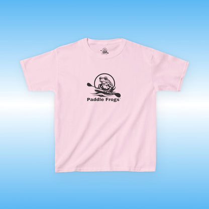 Pink t-shirt with 'Paddle Frogs' logo on a blue background