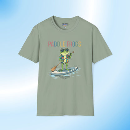 Paddling Frog Tee by Paddle Frogs Outdoor Gear brand a frog paddling in glasses and a vacation Hawaiian shirt Sage Green tee