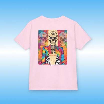 Balanced Bennie light Pink t-shirt with a colorful skull design on a blue background
