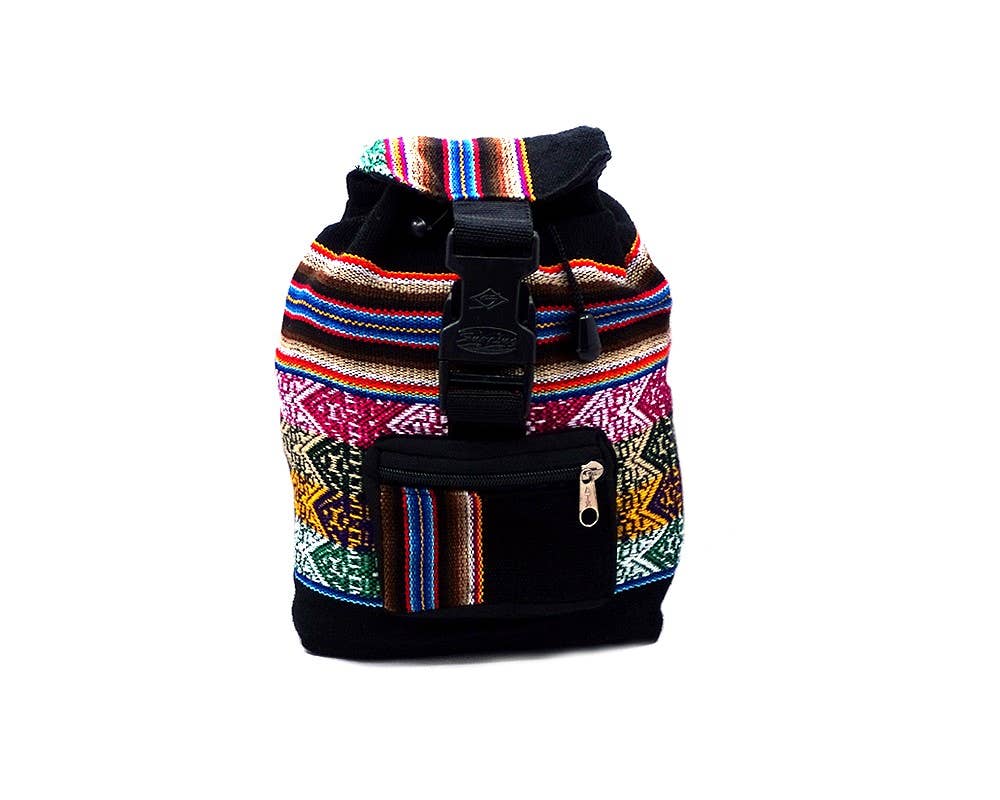 Colorful backpack with patterned design on a white background