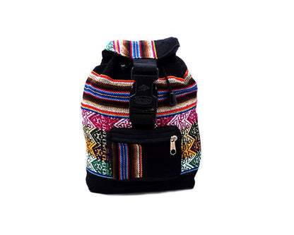 Colorful backpack with patterned design on a white background