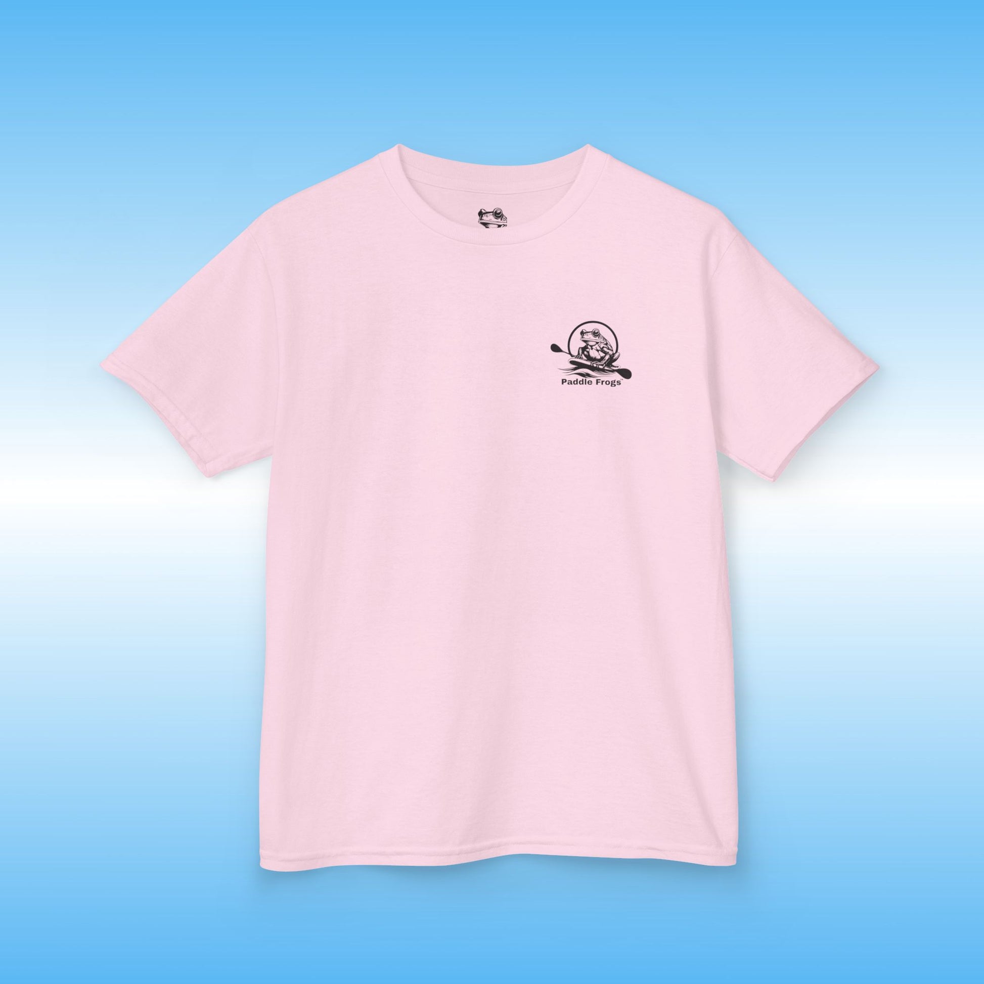 Pink t-shirt with a small logo on a blue background