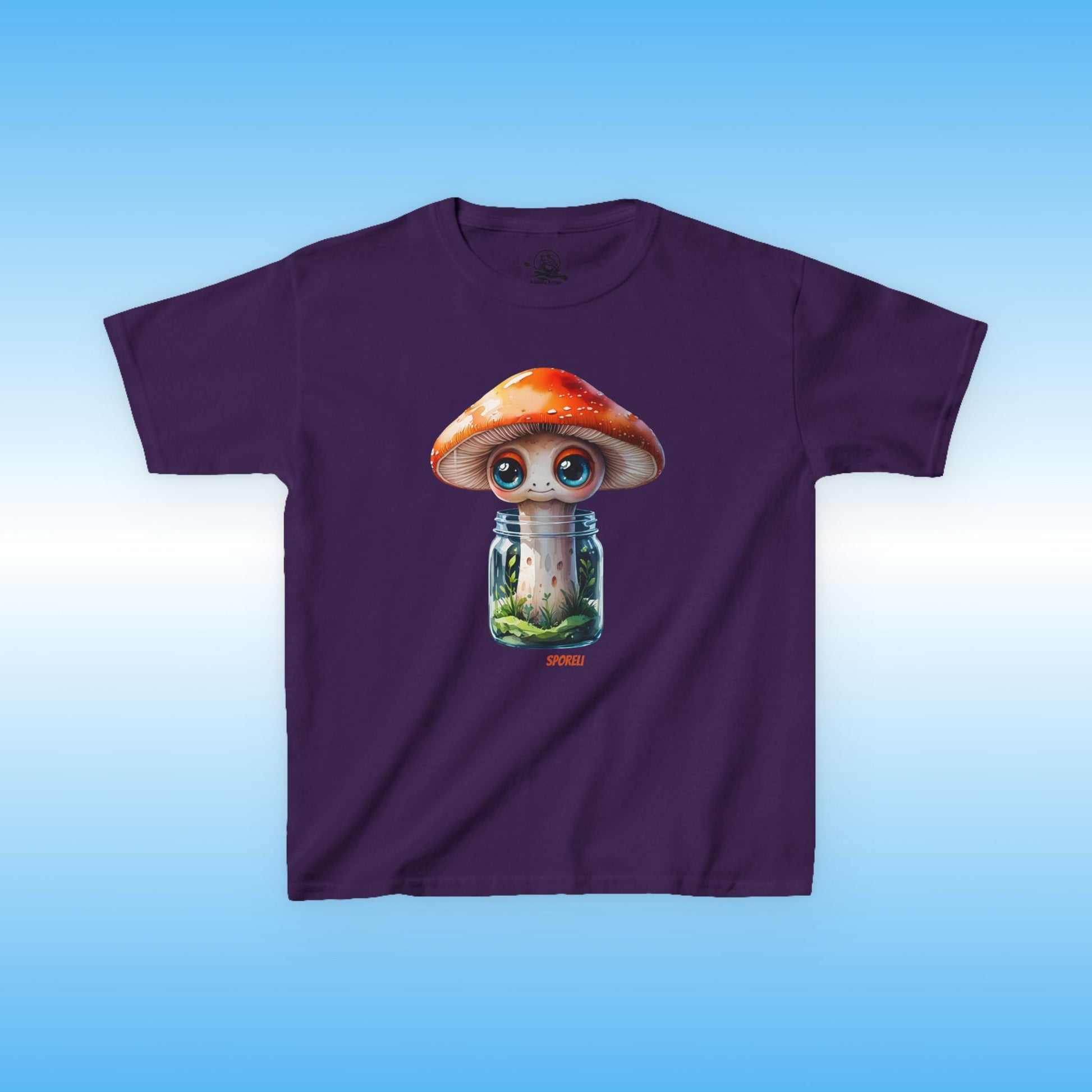 Sporeli Purple t-shirt with a cartoon mushroom design on a blue gradient background