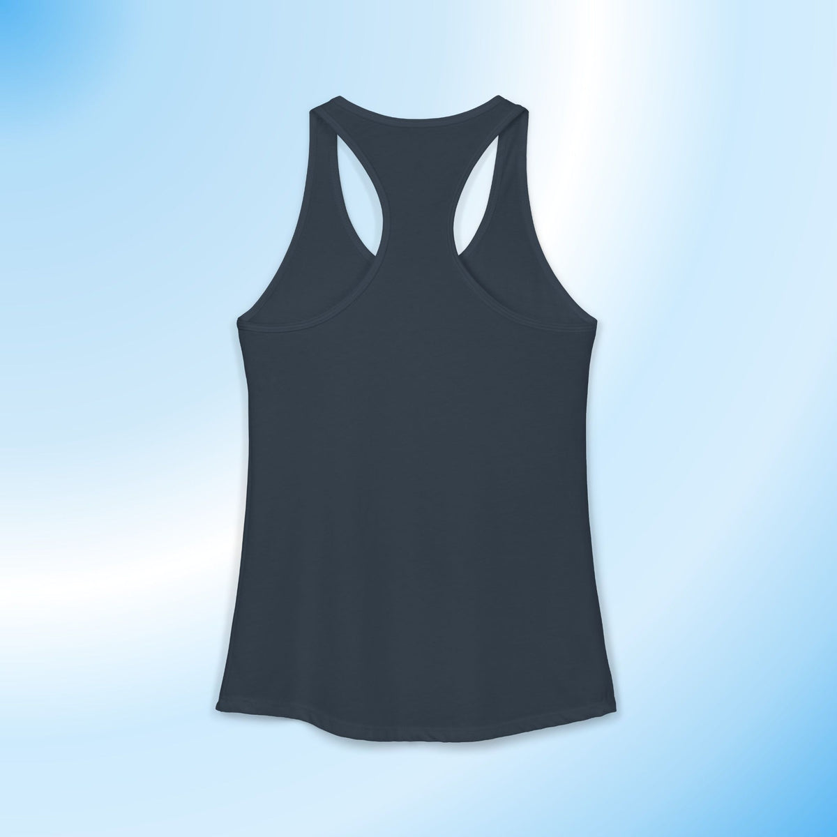 An indigo racerback tank top shown from the back, centered on a light blue gradient background.