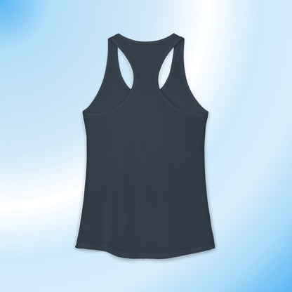 An indigo racerback tank top shown from the back, centered on a light blue gradient background.