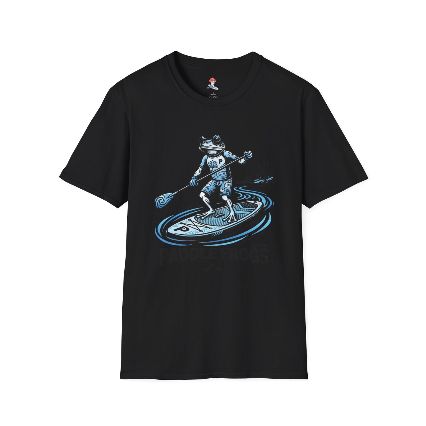 Stand-Up Paddleboard Frog T-Shirt — Blue Surfing Frog Paddle Tee
