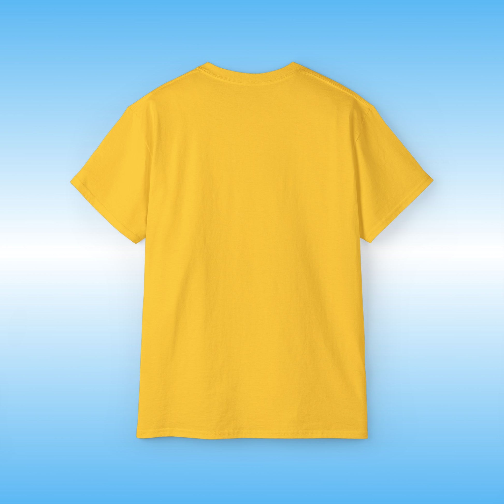 Yellow t-shirt on a blue gradient background