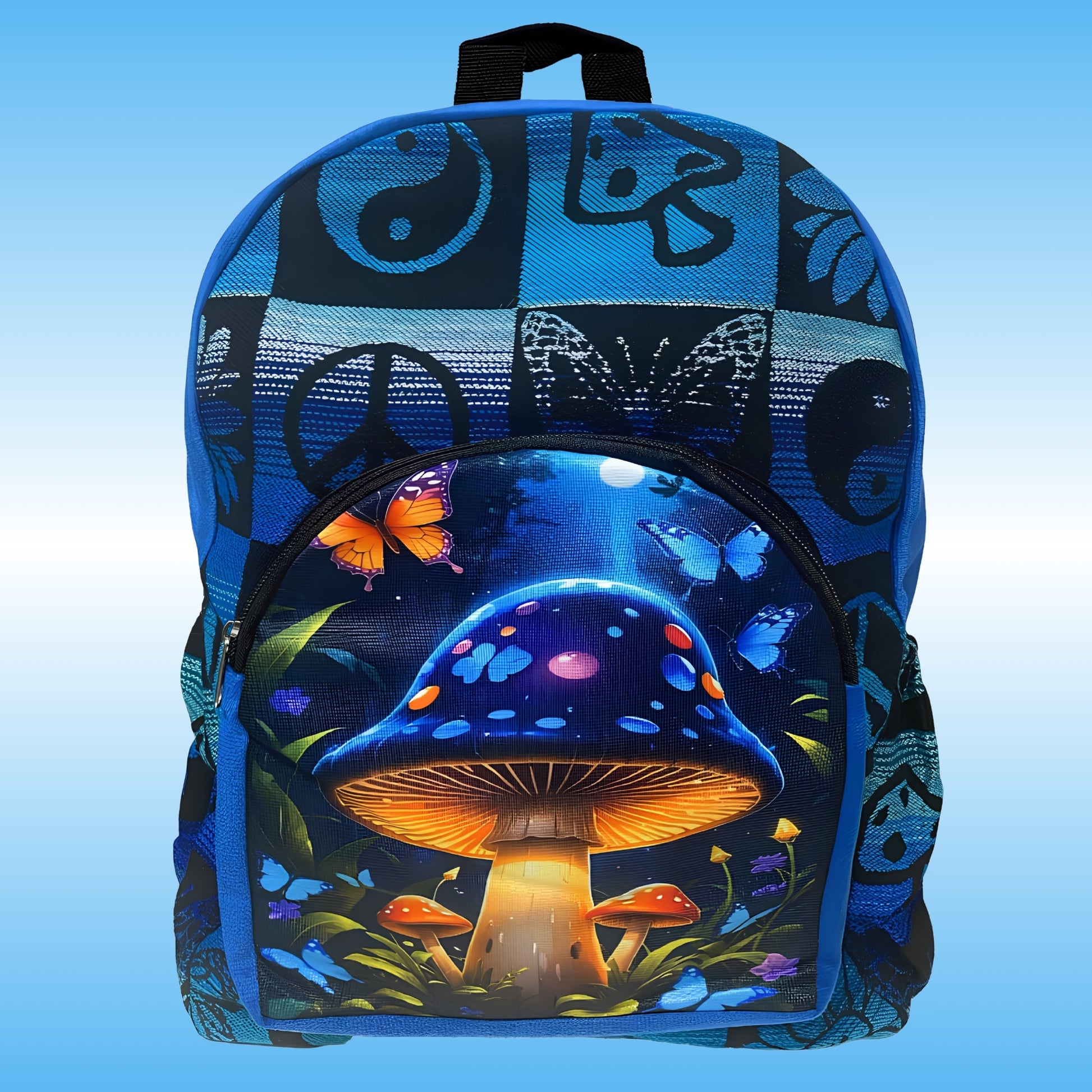 A blue 17 inch backpack featuring two water bottle holders, a patchwork design of yin-yang symbols, peace signs, butterflies, and a large glowing mushroom illustration on the front pocket, set against a light blue gradient background.