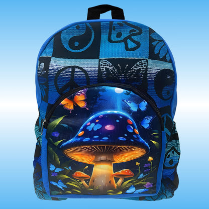 A blue 17 inch backpack featuring two water bottle holders, a patchwork design of yin-yang symbols, peace signs, butterflies, and a large glowing mushroom illustration on the front pocket, set against a light blue gradient background.
