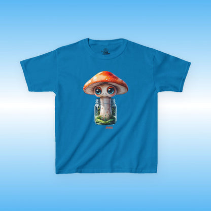 Sporeli Blue t-shirt with a mushroom design on a blue background