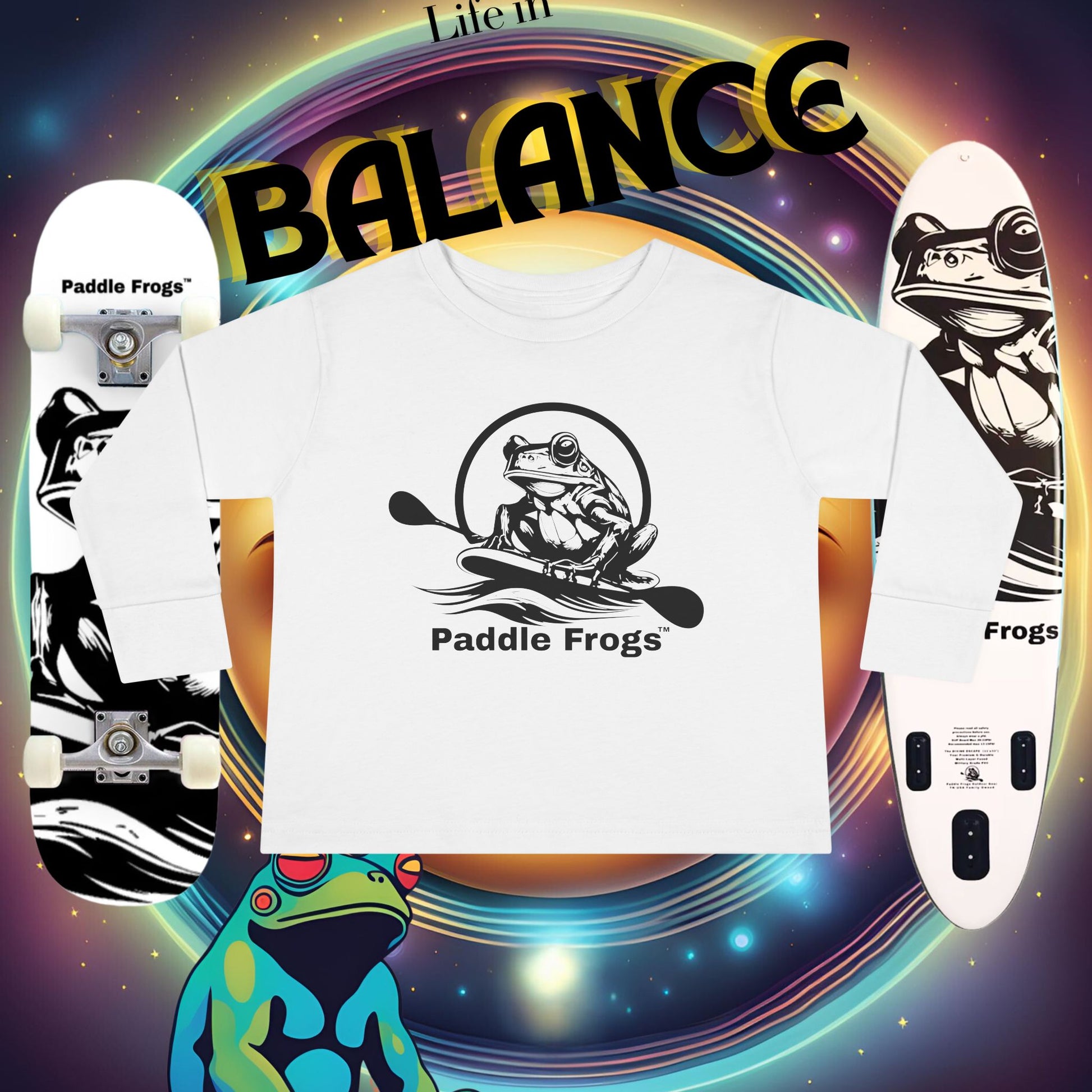 T-shirt with 'Paddle Frogs' logo and one skateboard and one paddle board on a colorful 'Life in Balance' background