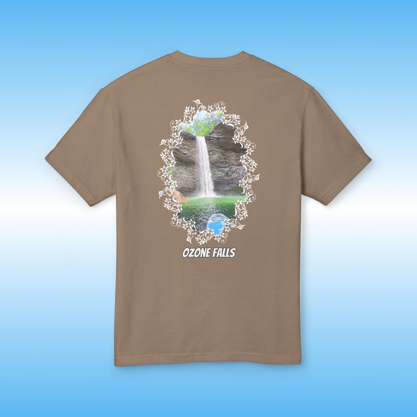 Brown t-shirt with a graphic of Ozone Falls on a blue background