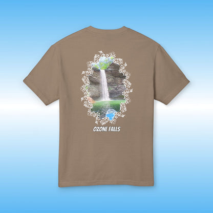 Brown t-shirt with a graphic of Ozone Falls on a blue background