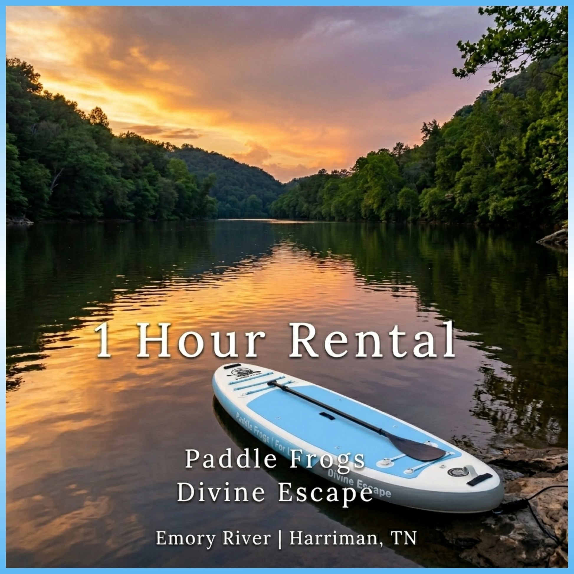 Paddleboard on a calm river with trees and sunset, featuring text for paddleboard rental at Paddle Frogs in Harriman, TN.