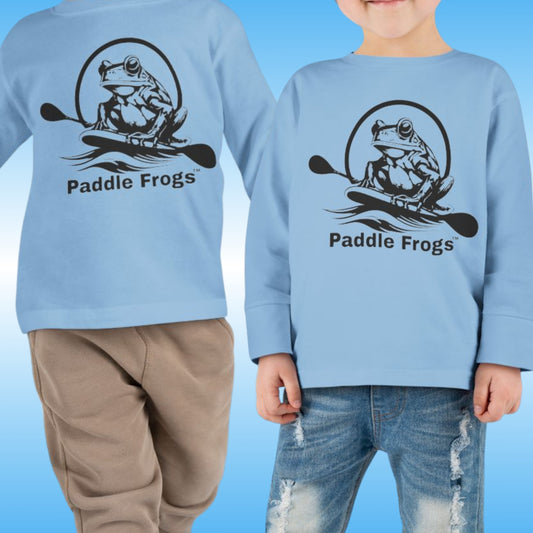 Light blue sweatshirts with 'Paddle Frogs' logo worn by two children on a blue background