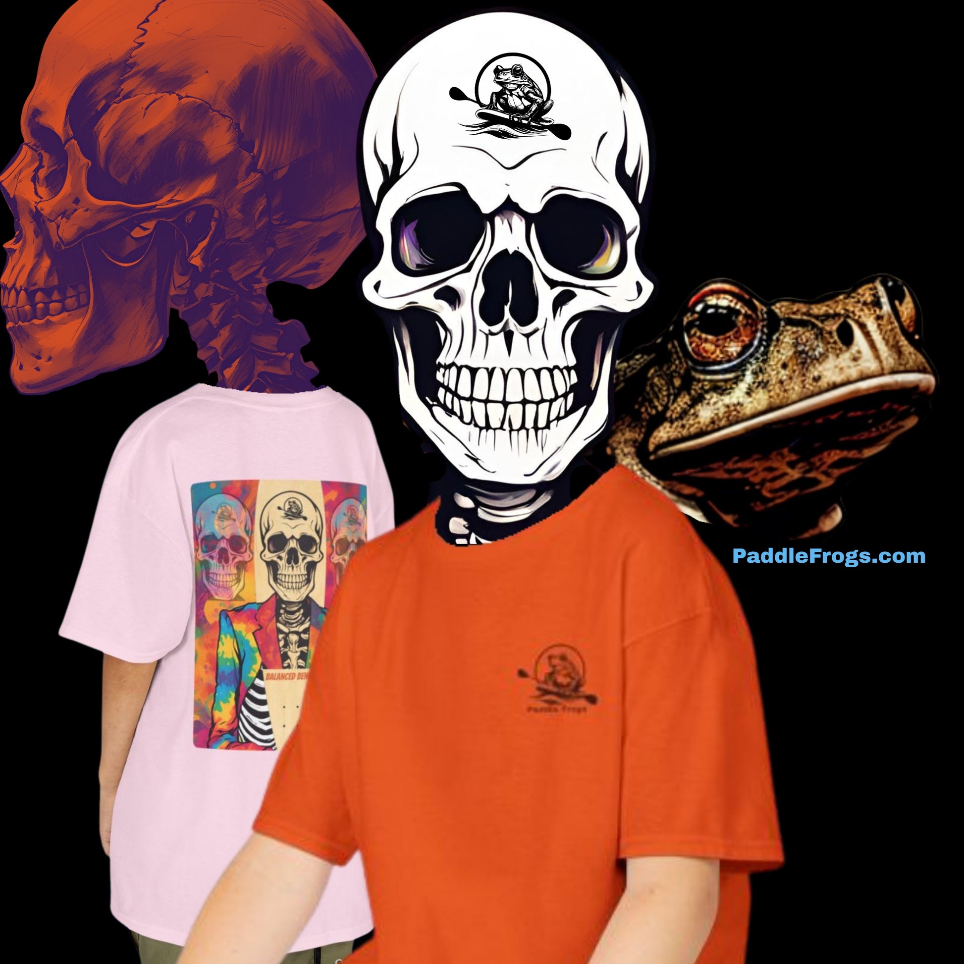 Person wearing an orange t-shirt with a skull design, surrounded by various skull-themed items.