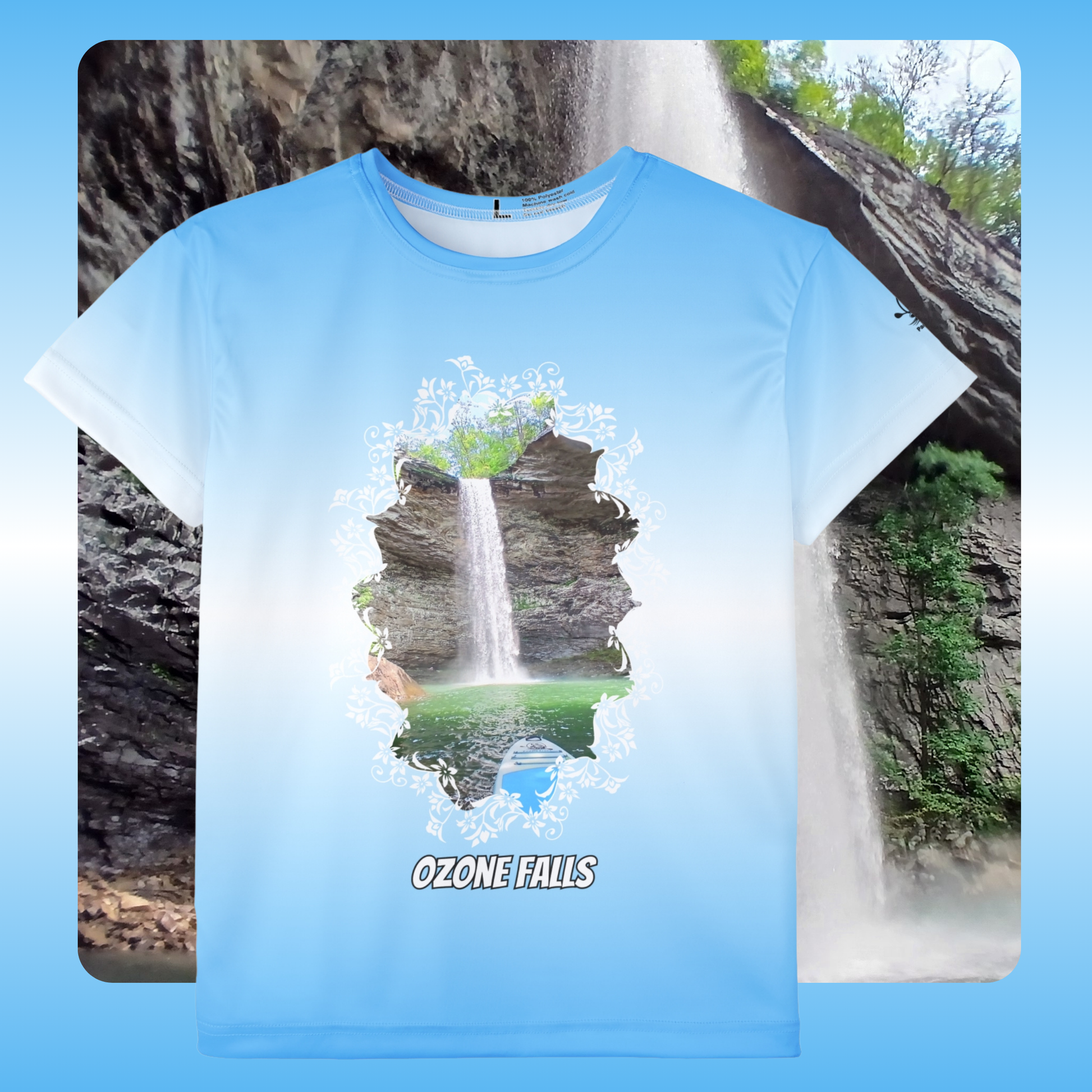 Paddle Frogs Kids Sports Jersey T-shirt with a graphic of Ozone Falls design on a blue background