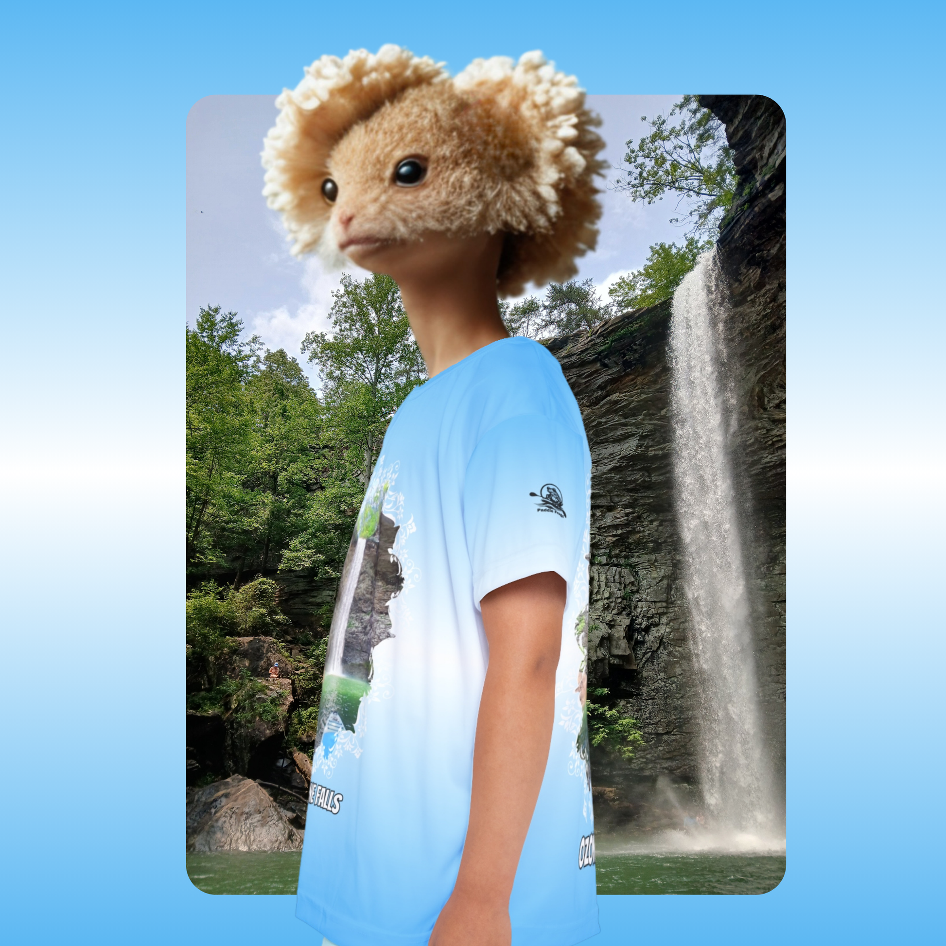 Paddle Frogs Kids Ozone Falls Hiking Jersey | Person wearing a blue t-shirt with a nature design in front of a waterfall