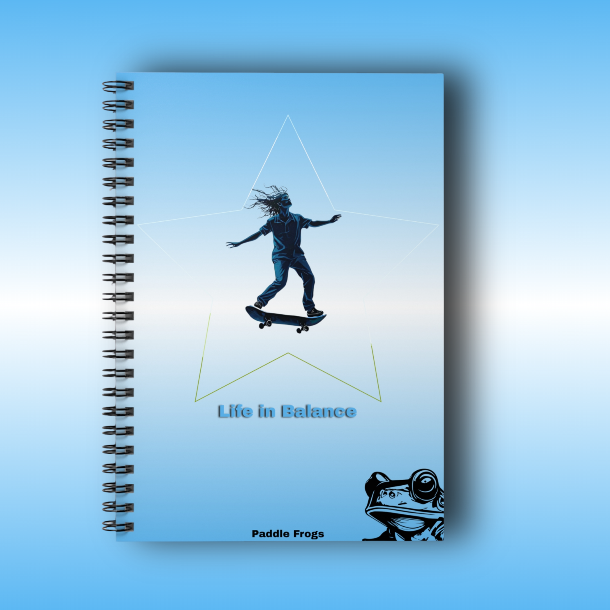 Paddle Frogs Journal Notebook with a silhouette of a person skateboarding and 'Life in Balance' text on a blue background