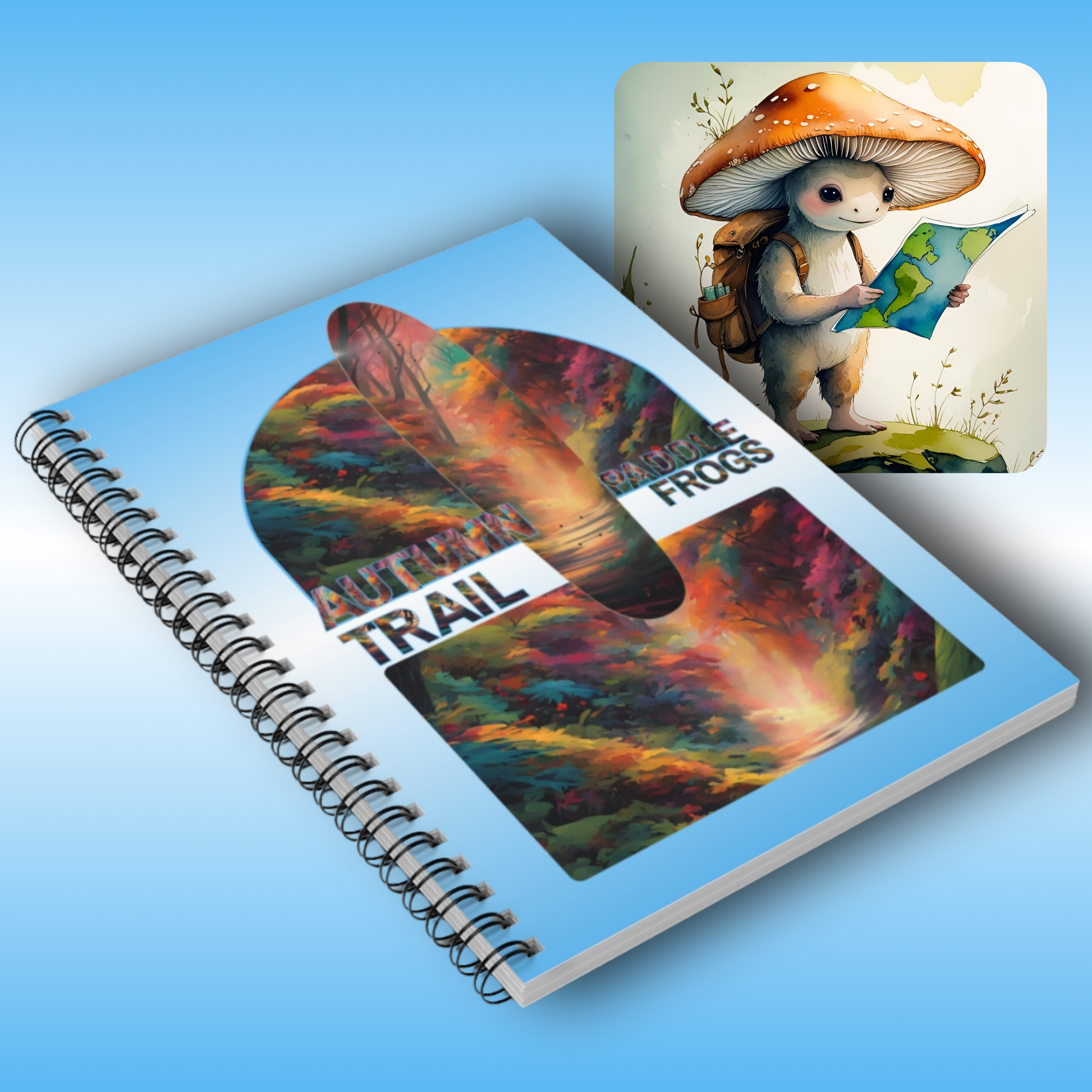 Paddle Frogs Autumn Trail Notebook with mushroom design and character on a blue background