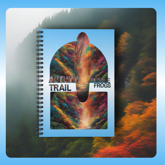 Paddle Frogs Autumn Trail Notebook with colorful design titled 'Autumn Trail' on a blue background
