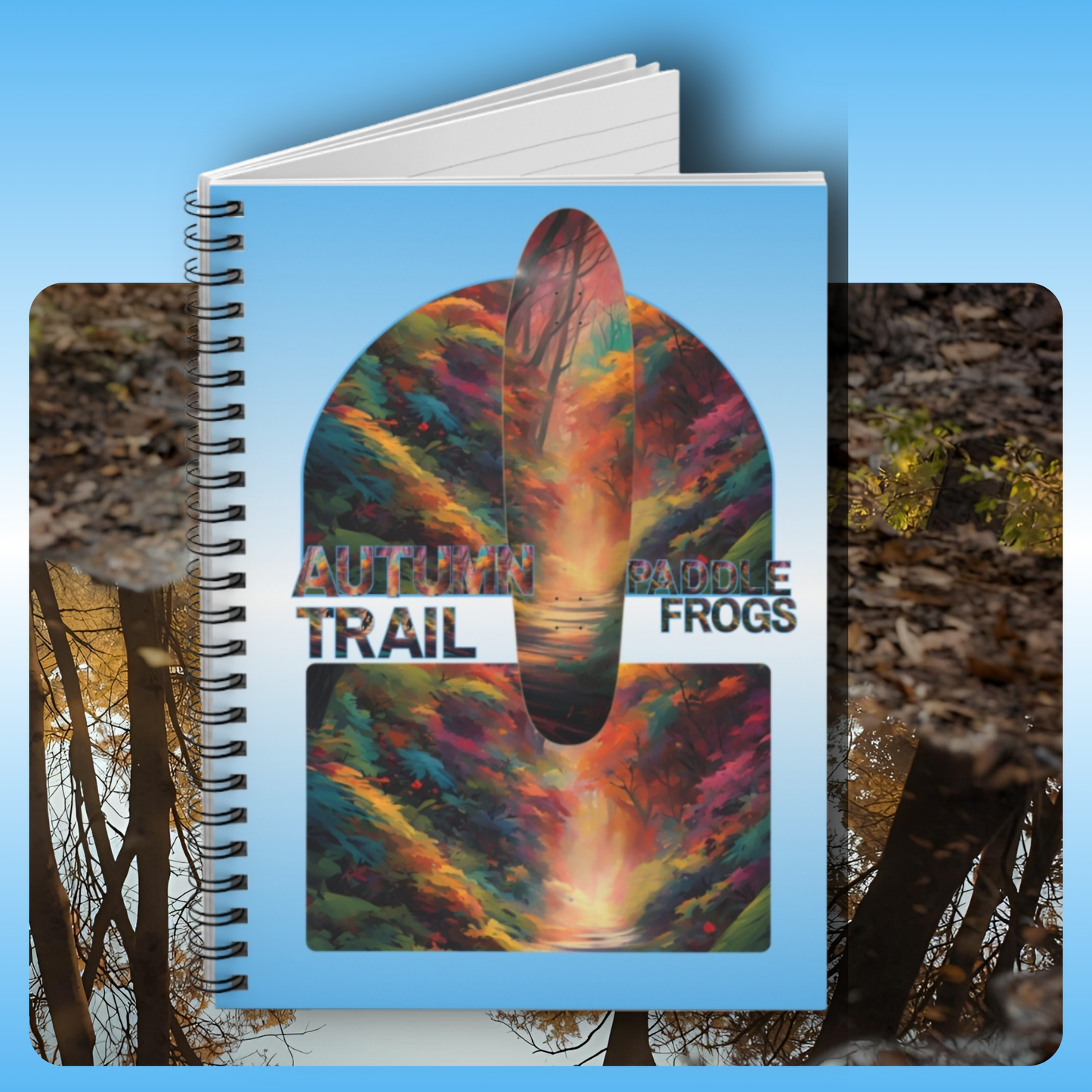Paddle Frogs Autumn Trail Journal Notebook with colorful design and text on a blue background