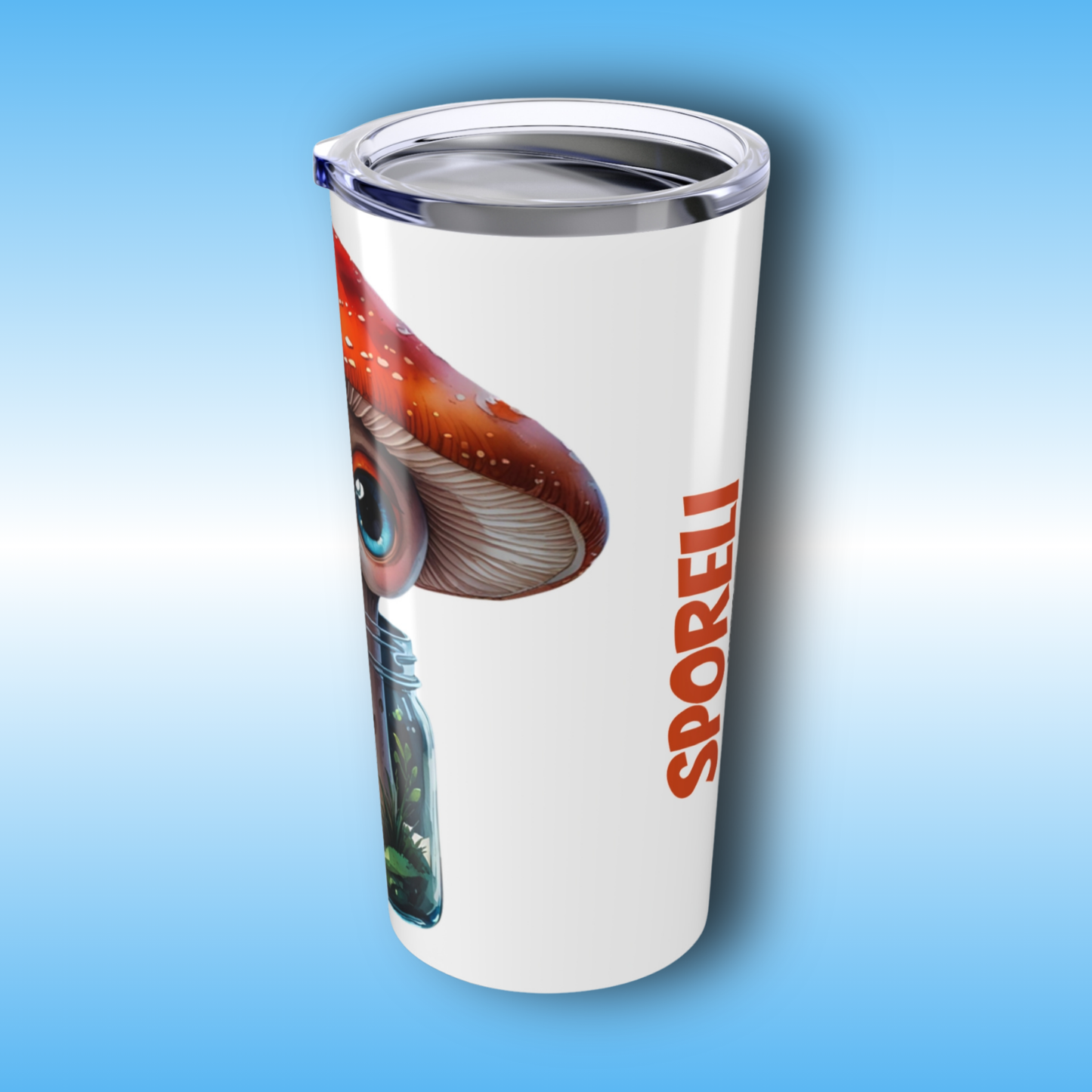 Tumbler with mushroom design and 'Sporell' Paddle Frogs branding on a blue gradient background