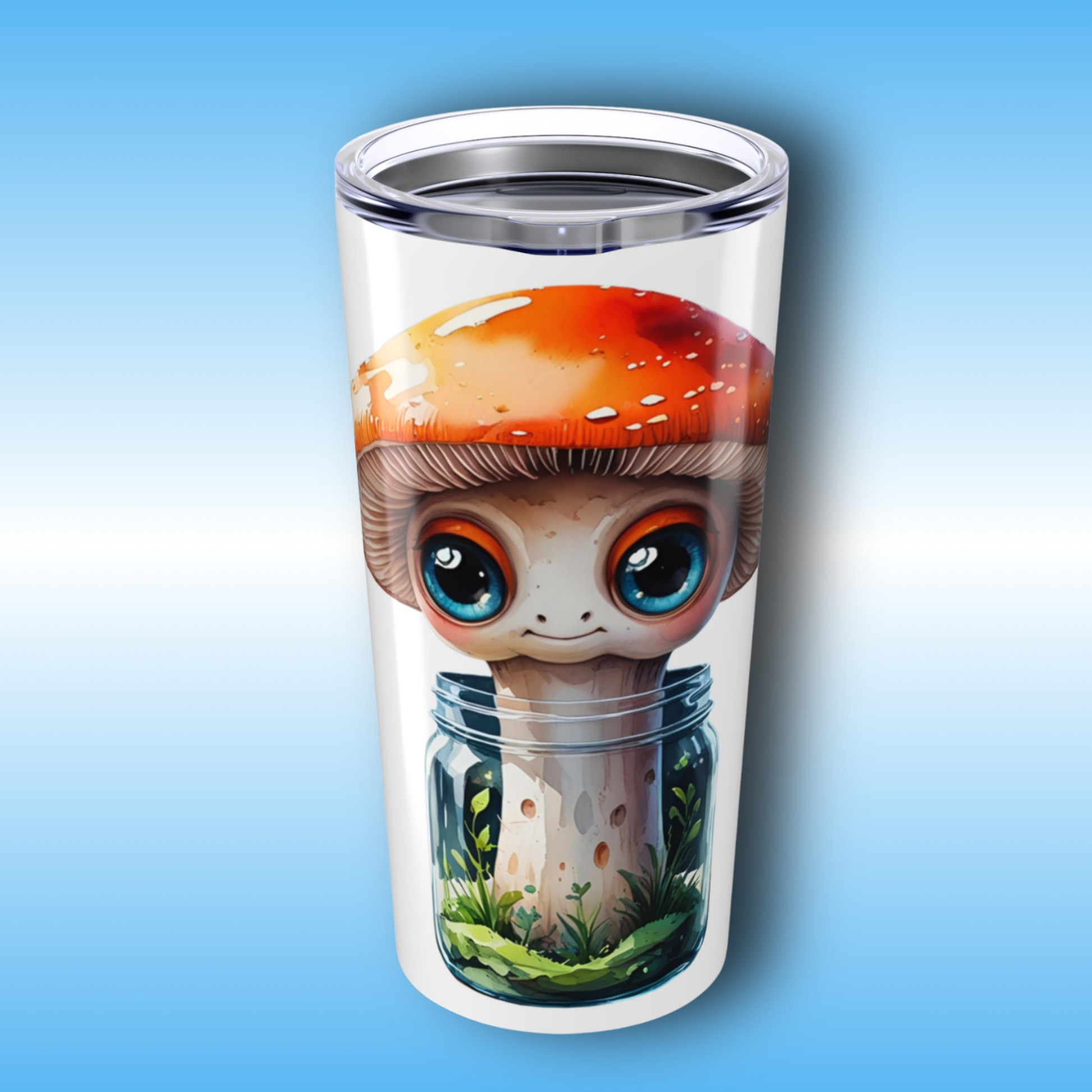 Paddle Frogs | Sporeli Tumbler with a design of a cute mushroom character on a blue background