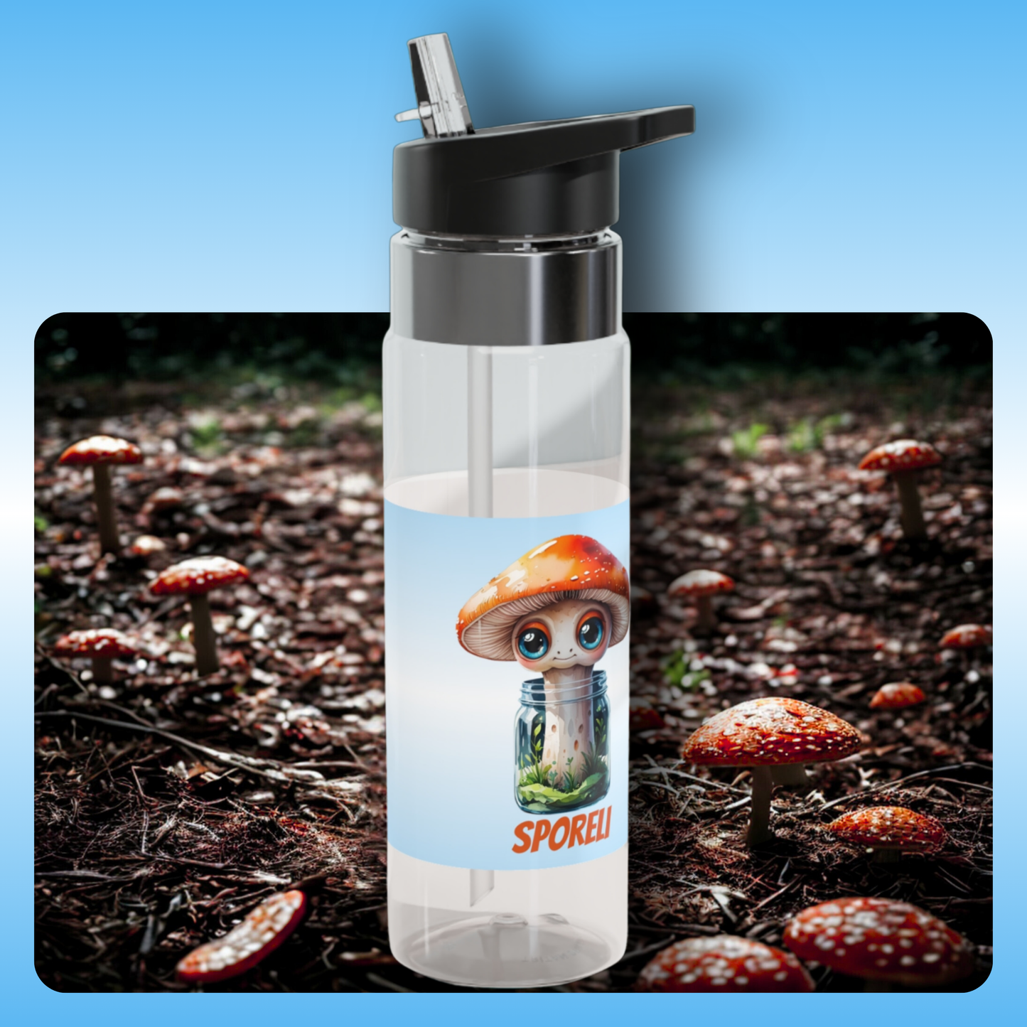 Sporeli crystal clear water bottle | Paddle Frogs Clear water bottle with mushroom design and 'SPORELi' branding on a background of mushrooms. 