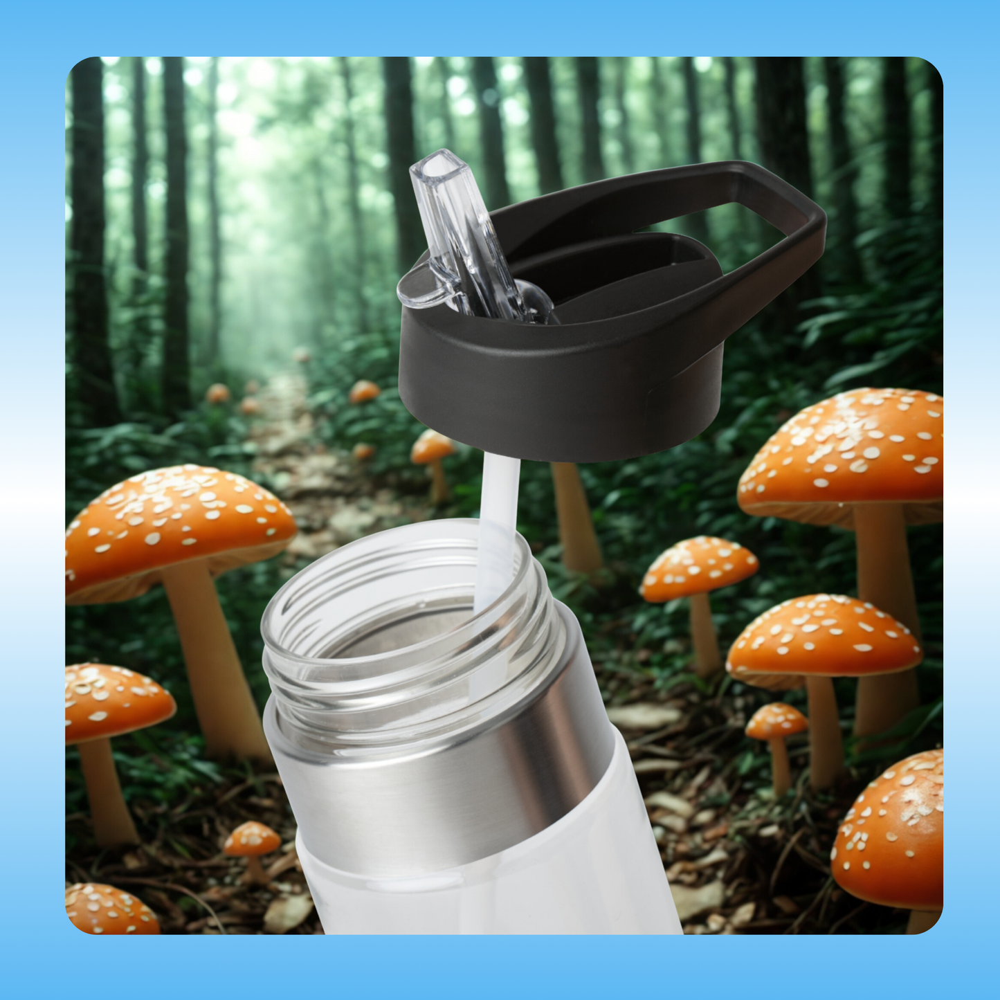 Clear water bottle with black cap against a forest background with mushrooms