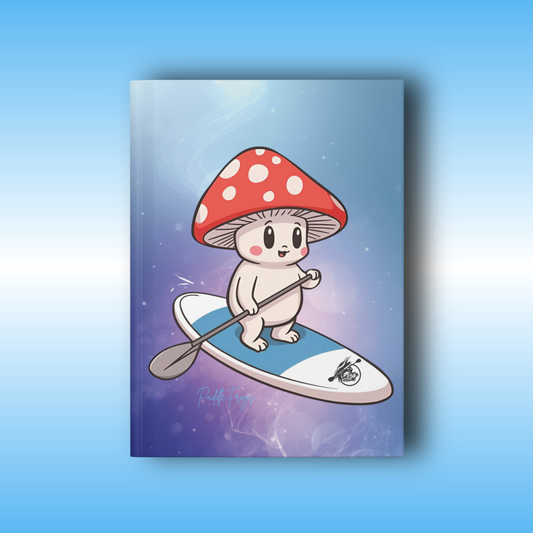 Shiro Hard Cover Journal by Paddle Frogs | Notebook with a cartoon character on a paddleboard against a blue and purple gradient background