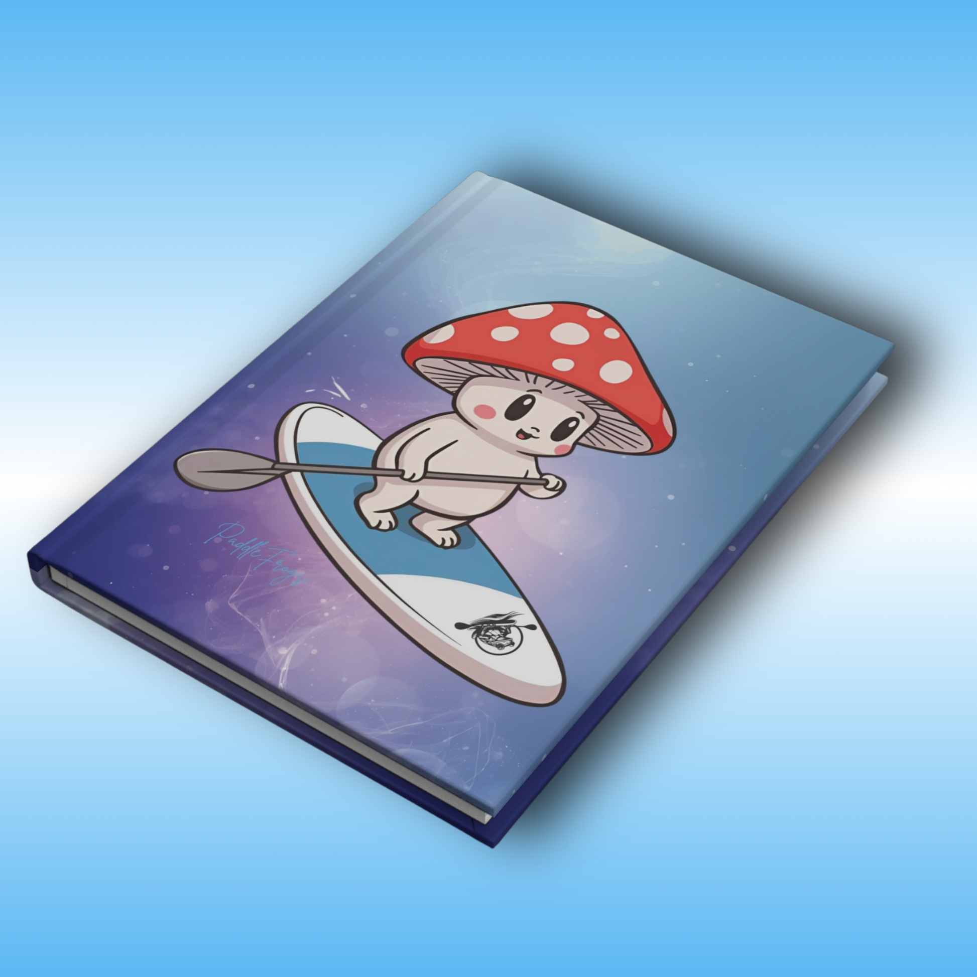 Shiro Journal, Hard cover by Paddle Frogs | Notebook with a cartoon character paddling a kayak under a mushroom hat on a gradient blue background