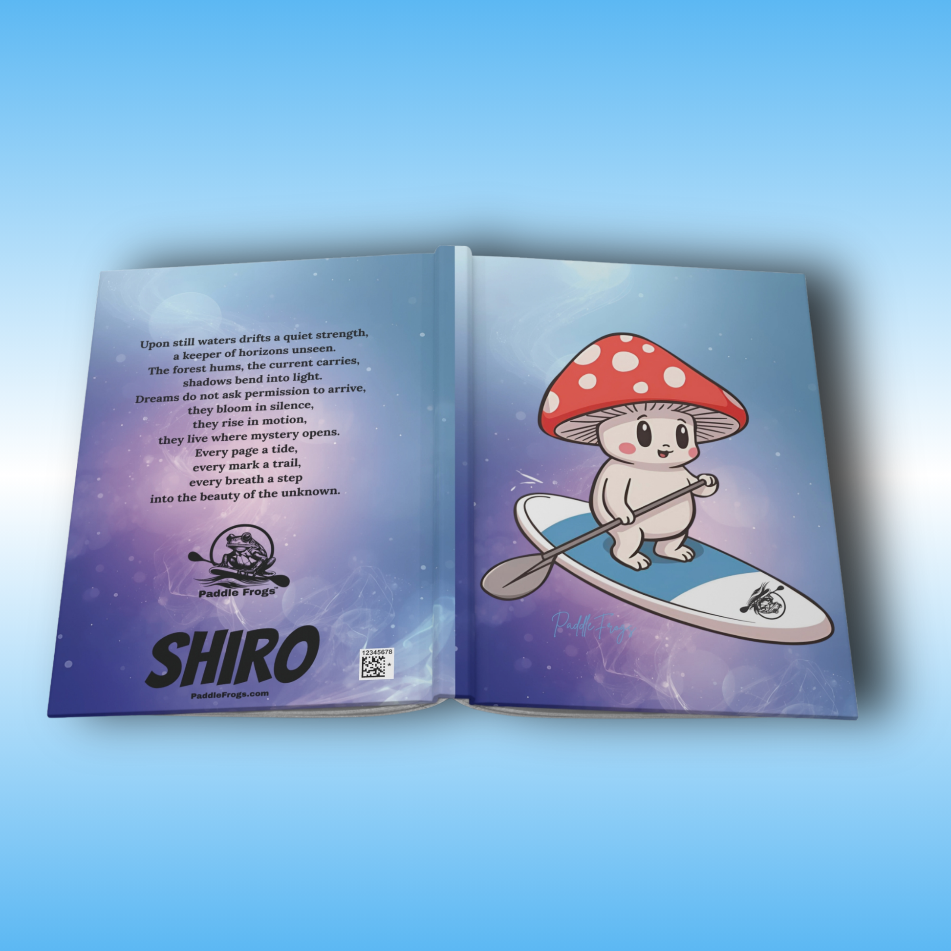 Shiro rides the Divine Escape paddle board, hard cover journal by Paddle Frogs | Open book with a cartoon character on a paddleboard and 'SHIRO' branding.