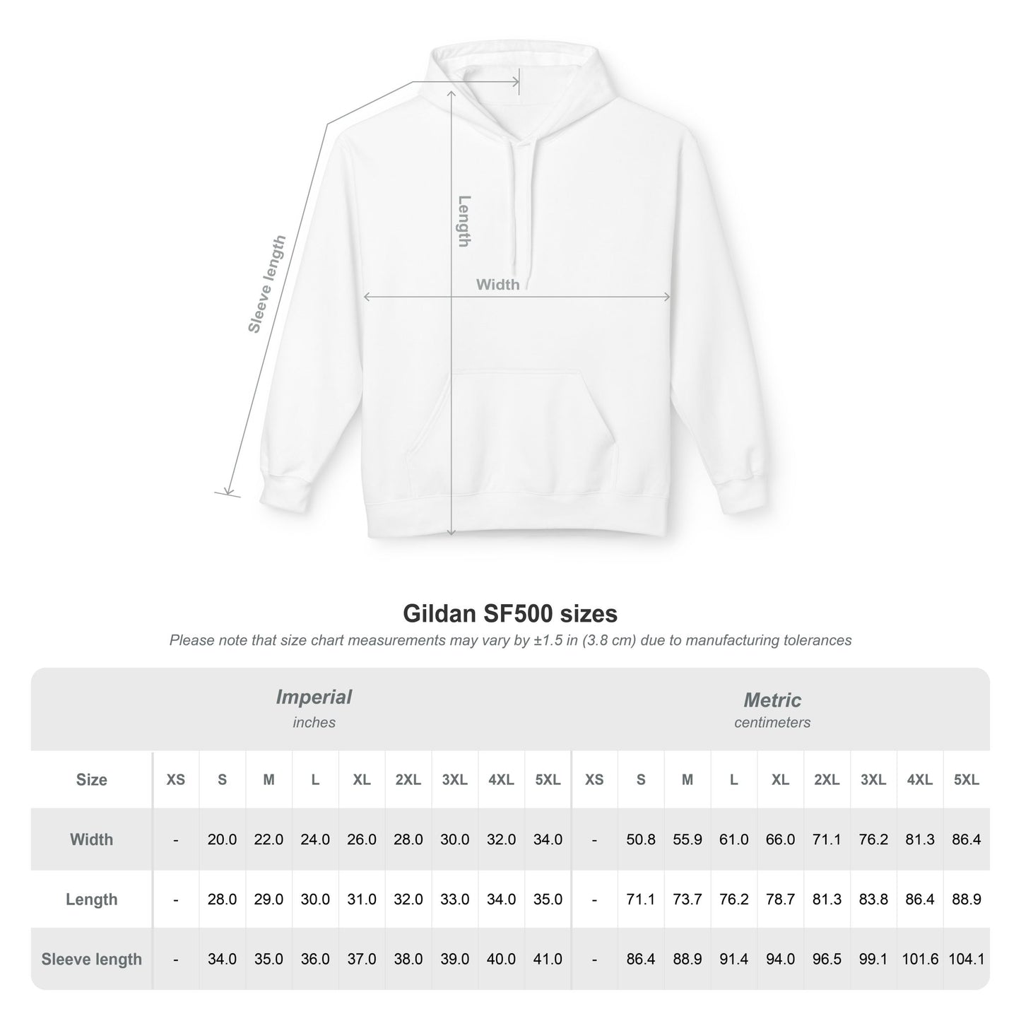 Hoodie measurement chart on a white background