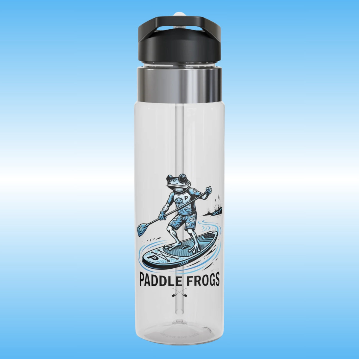 A clear plastic water bottle with a black flip-top lid and a silver collar, featuring a graphic of a frog paddleboarding with the text 'PADDLE FROGS' printed below. The bottle is centered against a light blue gradient background.