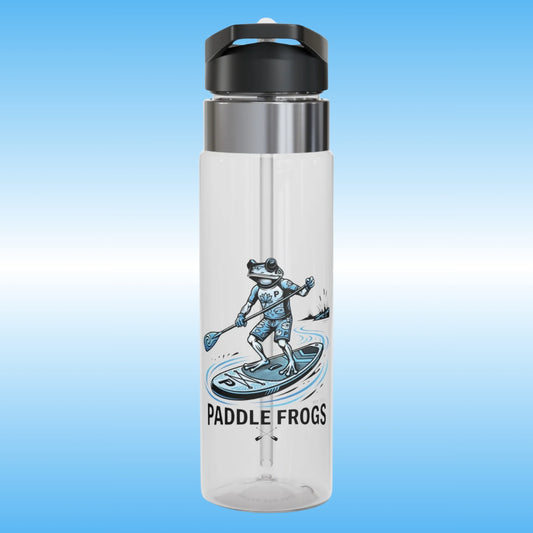 A clear plastic water bottle with a black flip-top lid and a silver collar, featuring a graphic of a frog paddleboarding with the text 'PADDLE FROGS' printed below. The bottle is centered against a light blue gradient background.