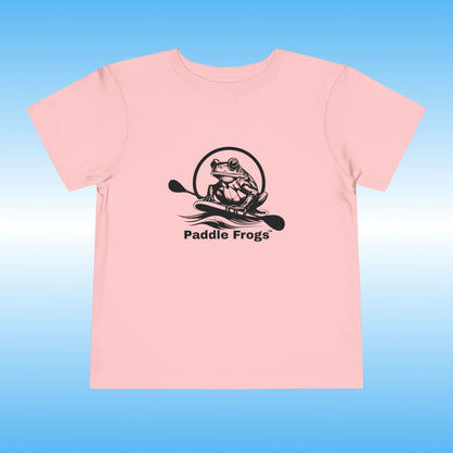 Pink t-shirt with 'Paddle Frogs' logo on a blue background