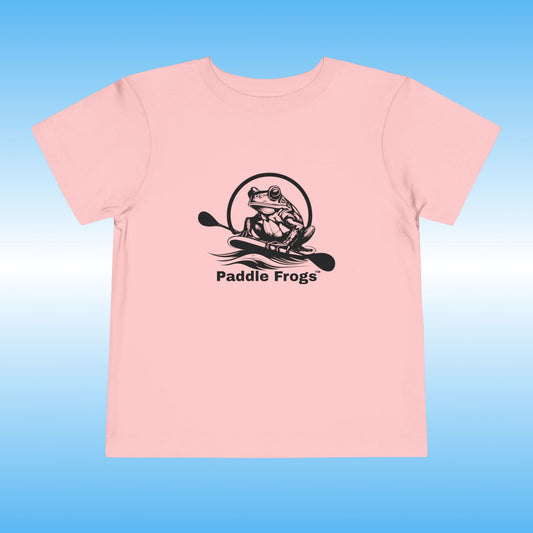 Pink t-shirt with 'Paddle Frogs' logo on a blue background