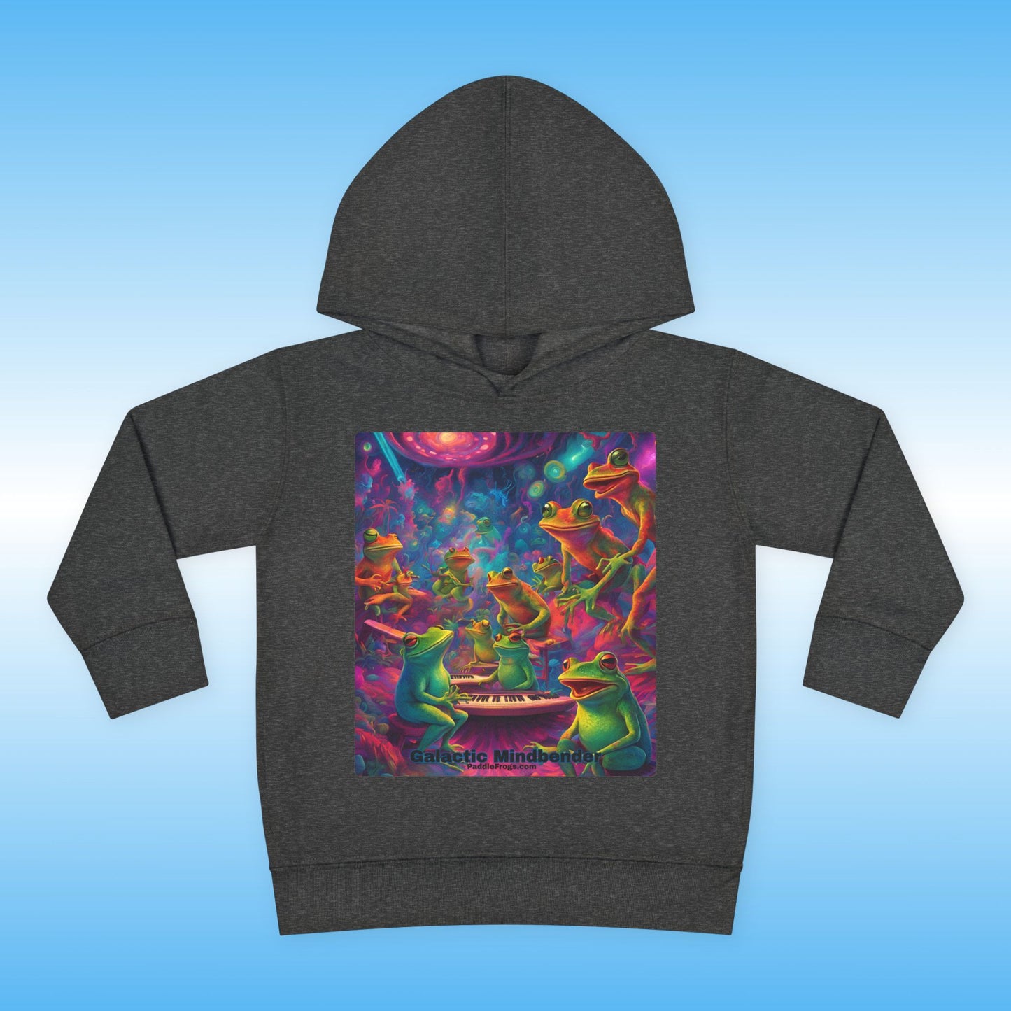 Dark gray hoodie with colorful frog design on a blue background