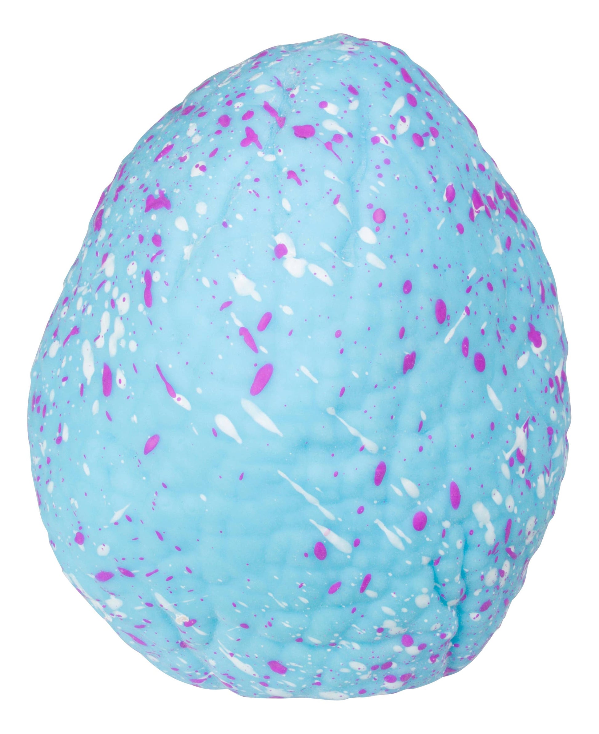 Blue egg-shaped object with pink and white speckles on a white background