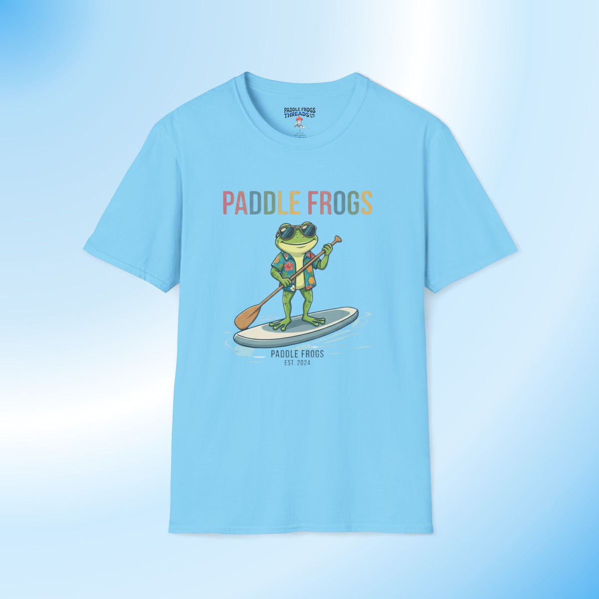 Paddling Frog Tee by Paddle Frogs Outdoor Gear brand a frog paddling in glasses and a vacation Hawaiian shirt sky blue 100% cotton healthy t-shirt