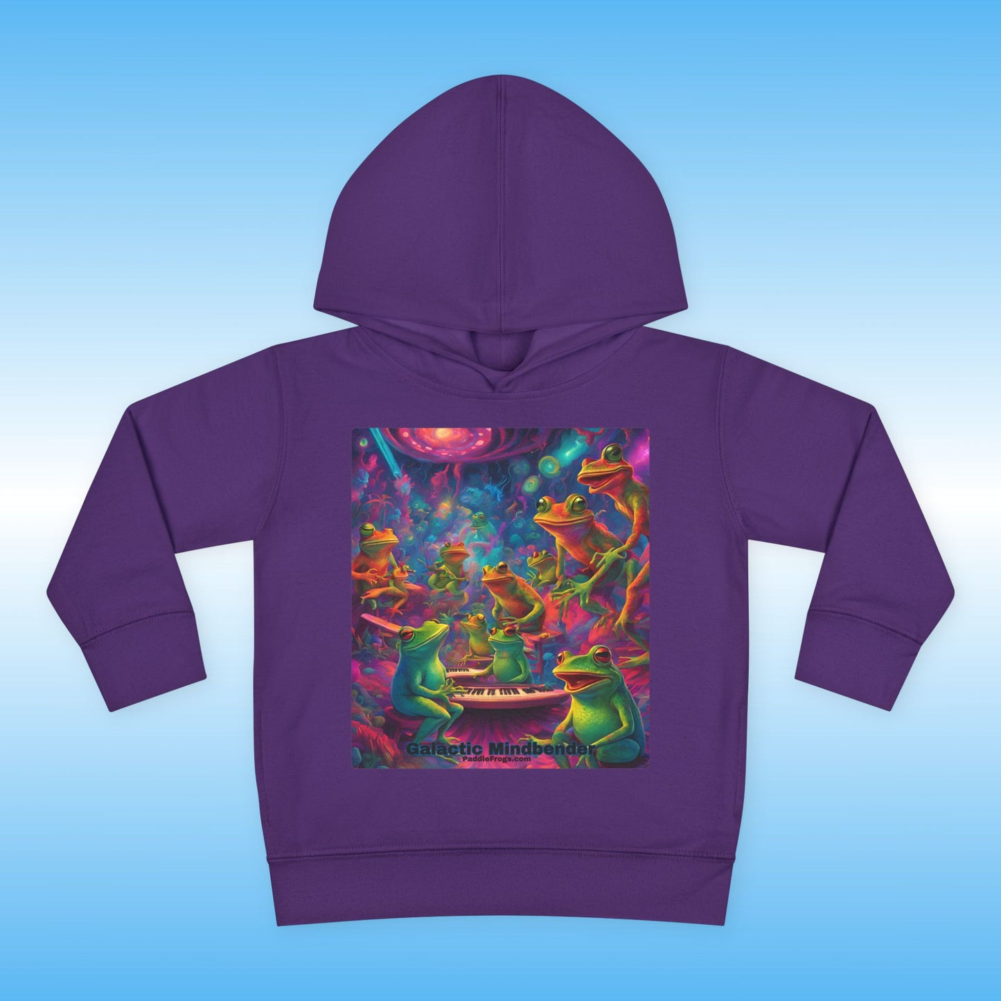 Purple hoodie with colorful frog design on a blue background