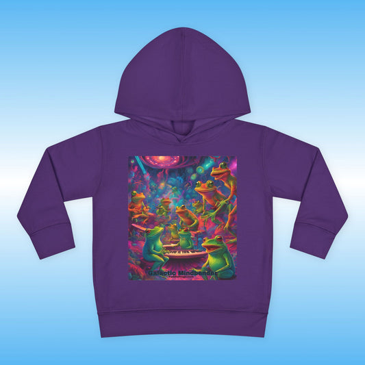 Purple hoodie with colorful frog design on a blue background