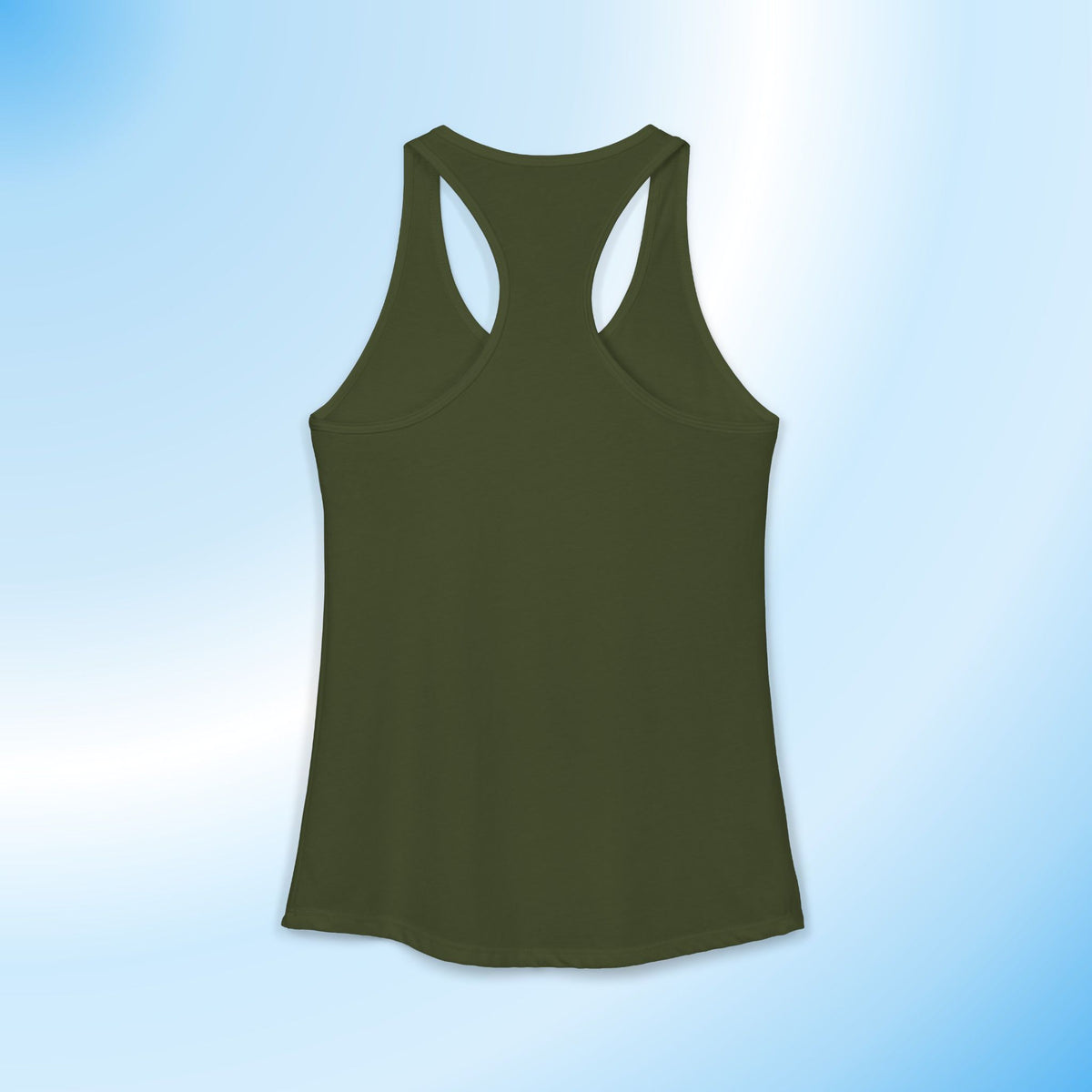 A military green racerback tank top shown from the back, centered on a light blue gradient background.