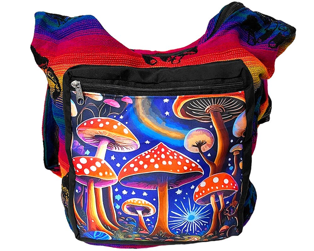 Colorful bag with mushroom design on a white background