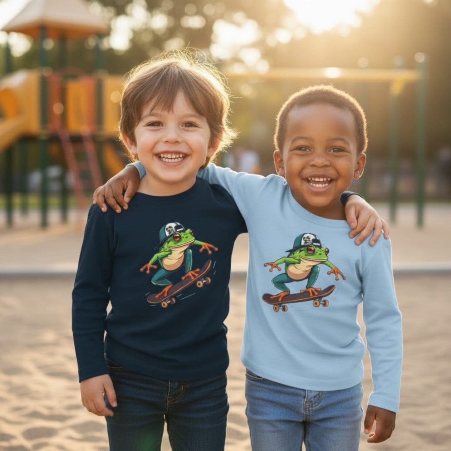 2 boys wearing both light and Navy Blue 🛹 Leap & Ollie Tee: The Froggie Skate Adventure Paddle Frogs™