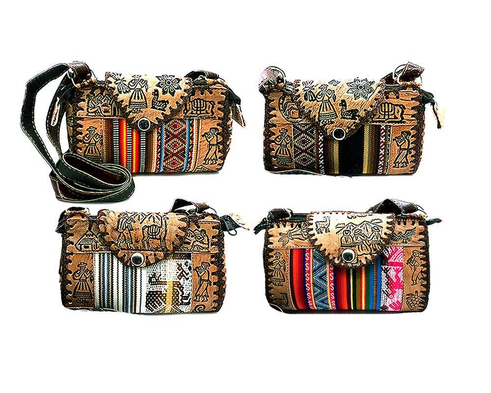 Set of four decorative handbags with tribal patterns on a white background