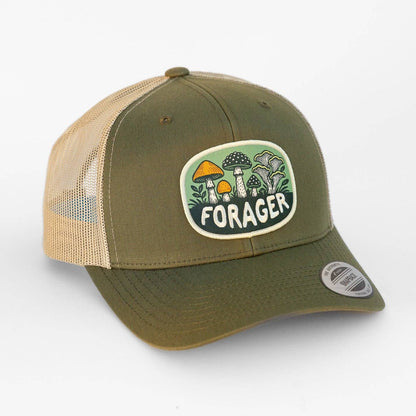 Green mossy cap with ' Mushroom Forager' patch on a white background