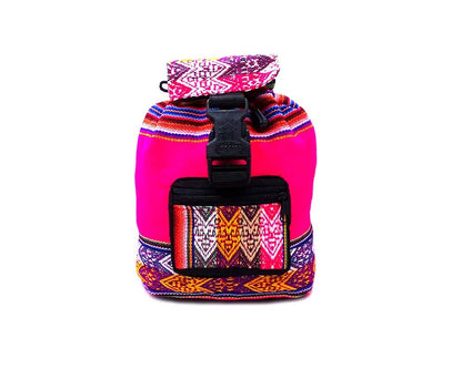 Colorful backpack purse with geometric patterns on a white background